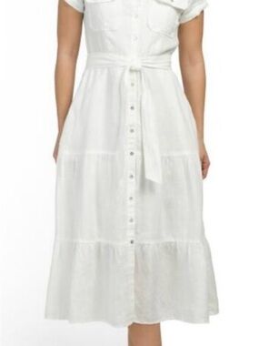 Elie Tahari Linen White Button-Front Tie-Waist Midi Dress
